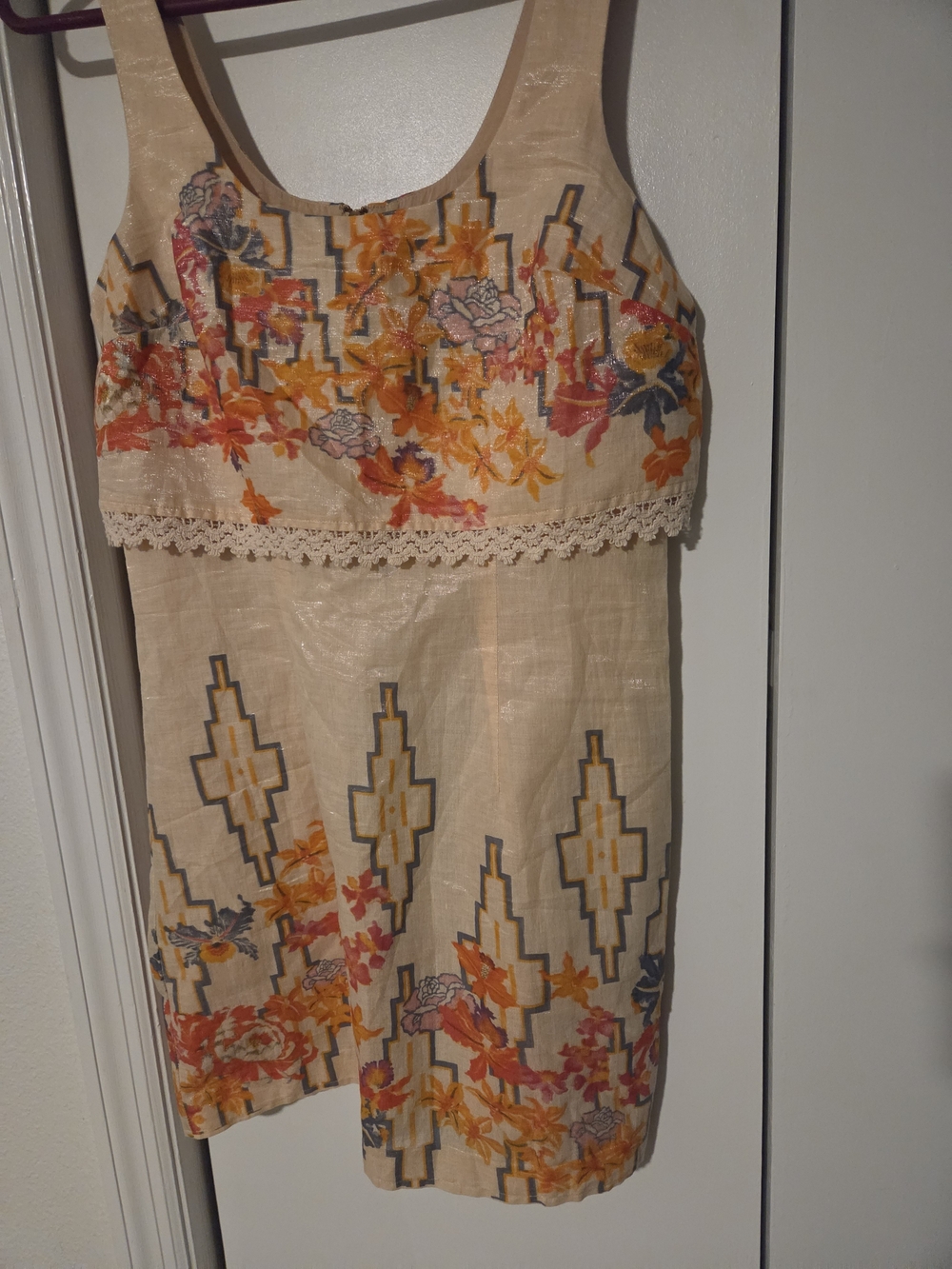 Free People Beige Linen Mini Dress with Orange & Pink Floral Embroidery NWOT! - Picture 6 of 10